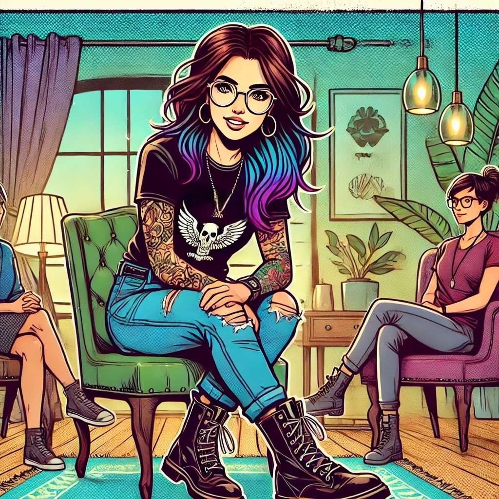 A friendly and dynamic therapist leads a reflective conversation in a cozy, boho-inspired office, creating an engaging atmosphere for learning and growth. With vibrant hair and a rebellious style, the therapist supervisor embodies a modern approach to therapy, meeting pre-licensed therapists where they are while encouraging them to embrace their unique journey.