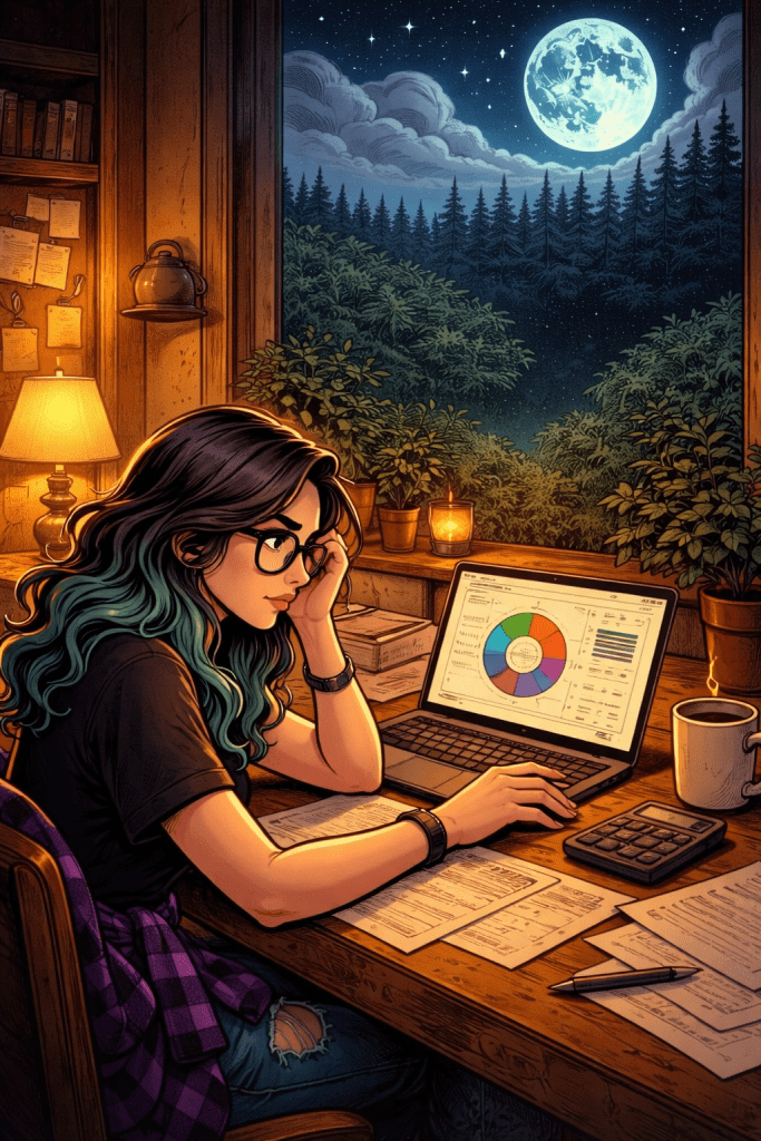 Therapist reviewing financial reports on a laptop at night, with a donut chart visible, symbolizing the financial realities of running a therapy practice.