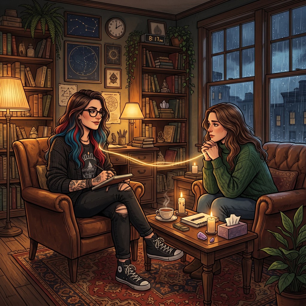 Digital illustration of a therapist and client sitting across from each other in a cozy dark academia therapy office during a rainy evening. The therapist, a tattooed woman with long brunette hair streaked with vivid blue and red, wears glasses, ripped black jeans, and Converse while holding a notebook and sitting attentively in a leather chair. Across from her, a contemplative client in a green sweater leans forward thoughtfully. A soft glowing thread of light stretches between them, symbolizing emotional connection and therapeutic presence. The warmly lit room contains bookshelves, constellation artwork, candles, plants, journals, and large rain-covered windows overlooking a stormy night sky, creating an atmosphere of emotional safety, reflection, and quiet transformation.